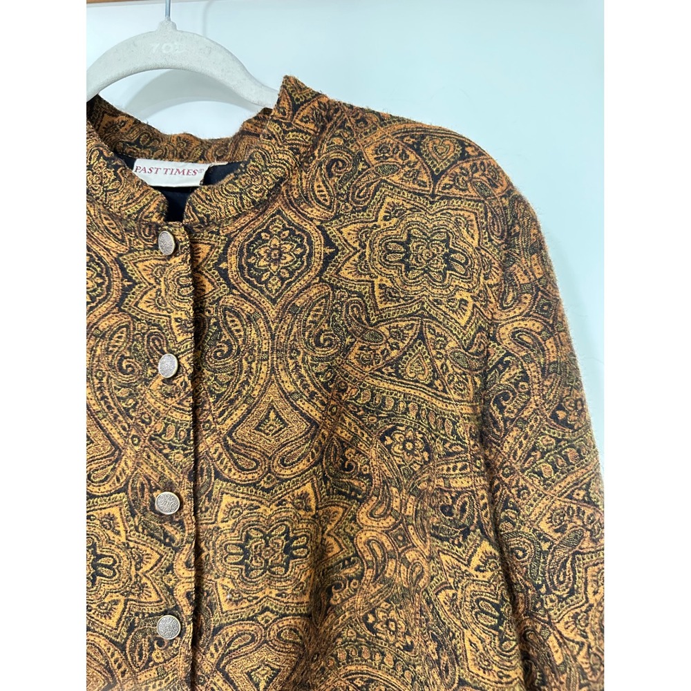Past Times Womens XL Paisley Tapestry Jacket Brown Orange Mock Neck Vintage
